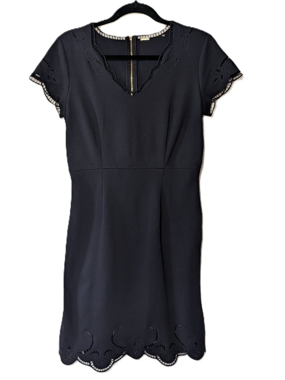 T Tahari Black Lace Cutout Cap Sleeve Dress Gold Zip Fits Like Medium